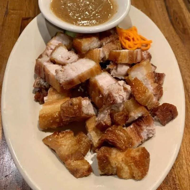 Lechon kawali, crispy pork belly, with sauce